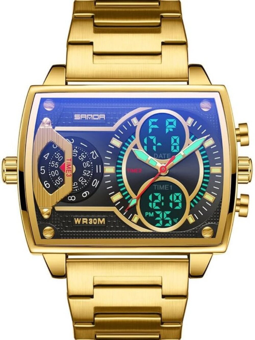 Large Face Digital Sports Watch - Waterproof Analog Quartz, Multi-Time Zone